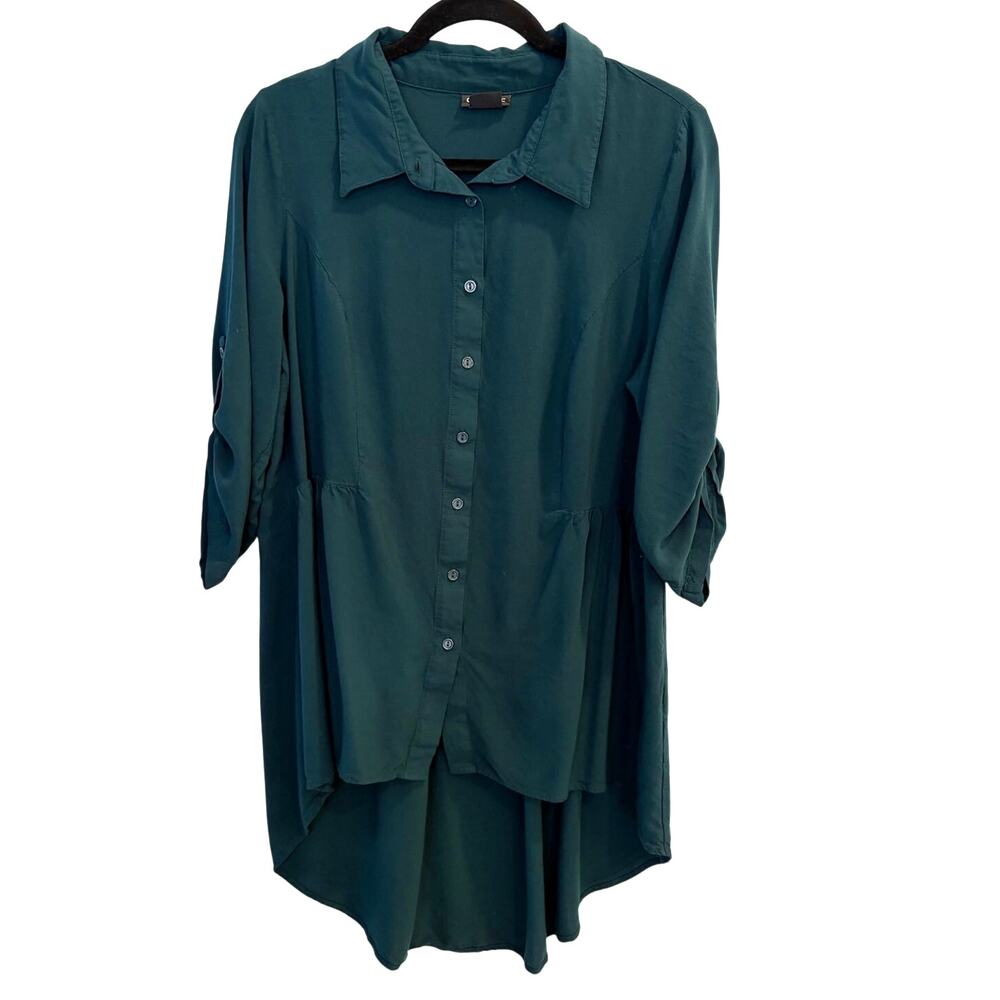 City Chic Emerald Green High Low Tunic Button Down Blouse Shift Plus Size XS 14